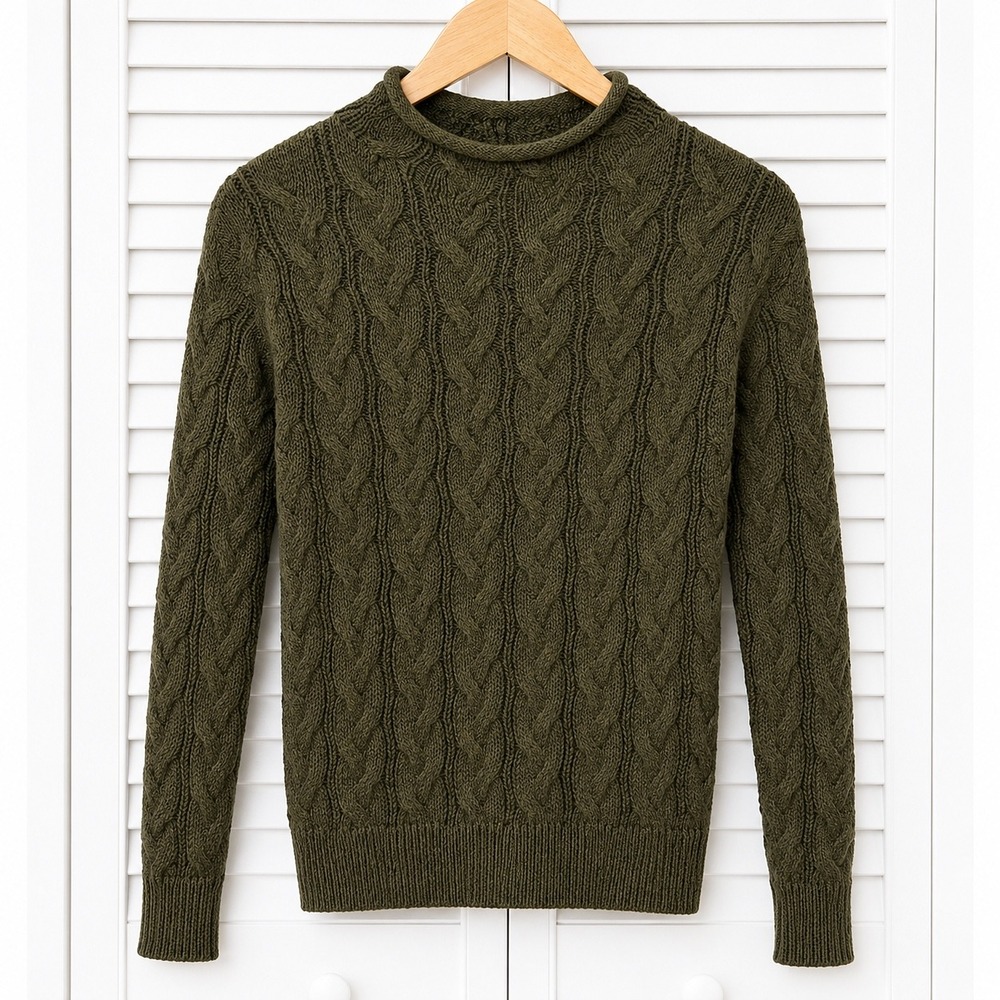 J.Crew Womens XS Olive Green Cable Knit Roll Neck Cotton Blend Sweater Pullover
